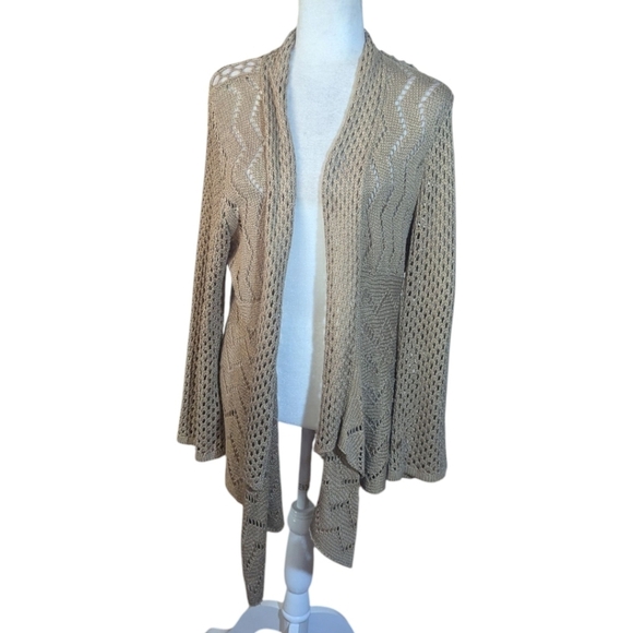 Tan Crochet Back Pointelle Cream Bohemian Festival Hippie Open Cardigan Sz XL - Picture 3 of 11